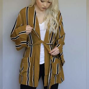 Olivaceous Striped Belted Open Cardigan Mustard Size M Medium